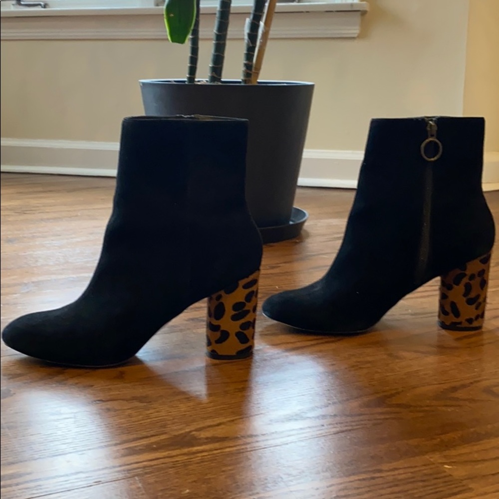 Black suede leopard block heel ankle booties